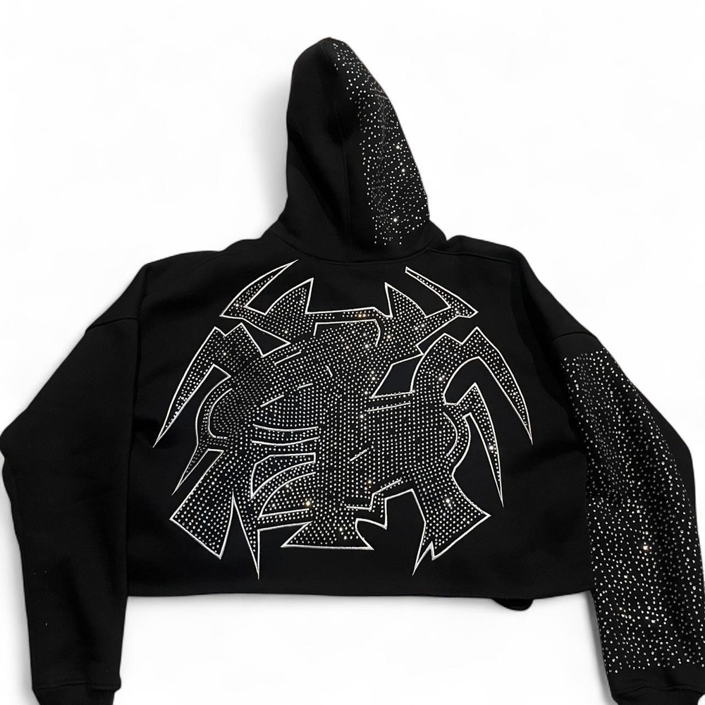 Black Saint box hoodie with white rhinestone